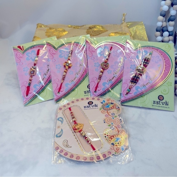 Gift Set Of 5 Pcs thread bracelets, Indian Designer red and multicolor charms - Picture 2 of 9